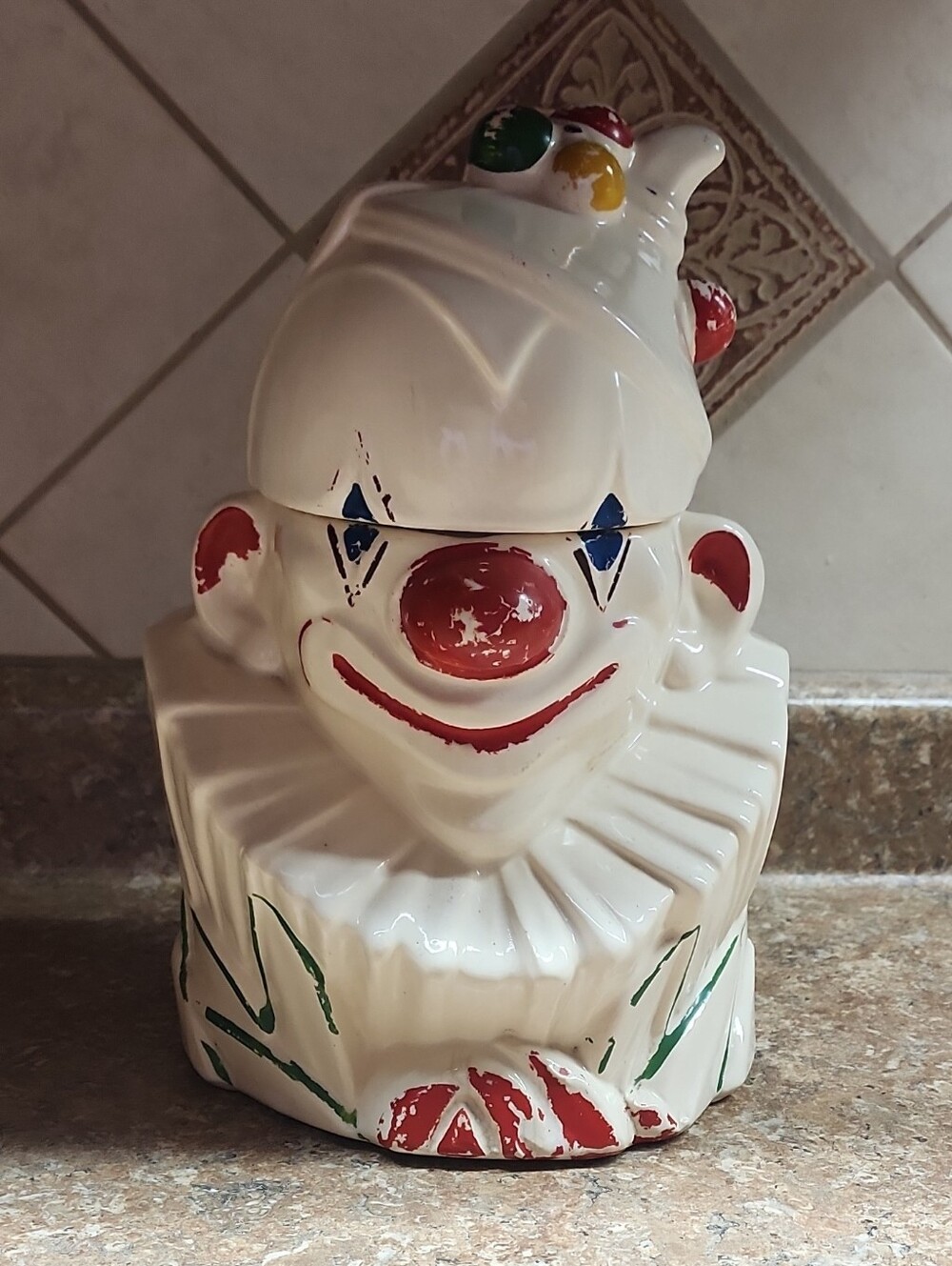Mccoy White Ceramic Clown Cookie Jar with Red, Blue, Green & Yellow Accents